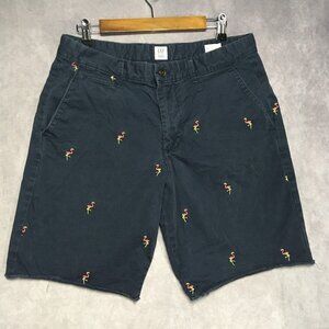 Gap Mens Shorts size 32 Flamingo Embroidery All Over Dark Blue Flat Front Cotton